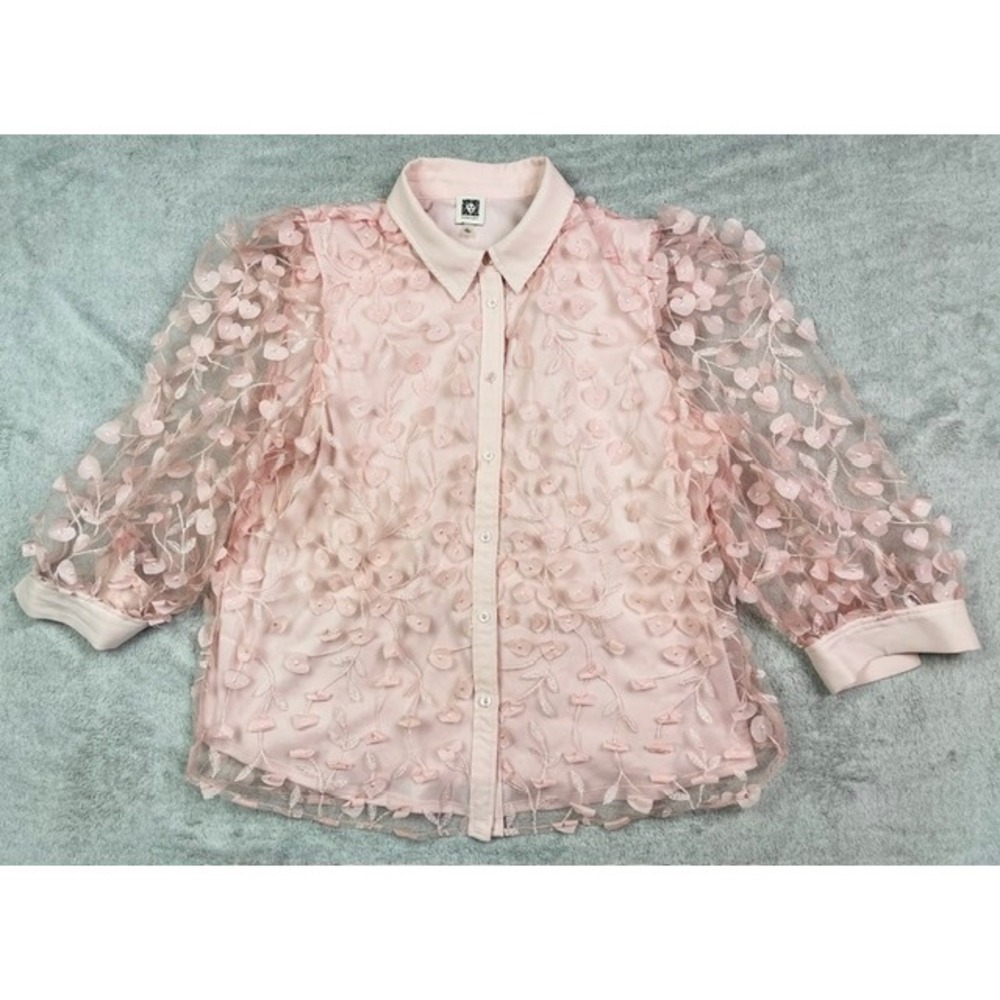 Anne Klein Women XL Pink 3D Floral Petal Mesh Button-Down Blouse Sheer Sleeve
